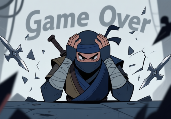 自动生成图片: A frustrated ninja character in a stylized game scene, head in hands, surrounded by faint "Game Over" text and broken shurikens, in a muted color palette of greys and dark blues high quality illustration, detailed, 16:9