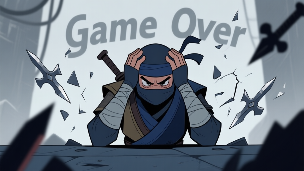 A frustrated ninja character in a stylized game scene, head in hands, surrounded by faint "Game Over" text and broken shurikens, in a muted color palette of greys and dark blues high quality illustration, detailed, 16:9