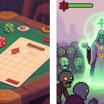 自动生成图片: A side-by-side illustration showing a classic tabletop RPG scene with dice and a character sheet on one side, and a glowing video game cleric using Turn Undead on a horde of pixelated zombies on the other, in a soft, muted color palette high quality illustration, detailed, 16:9