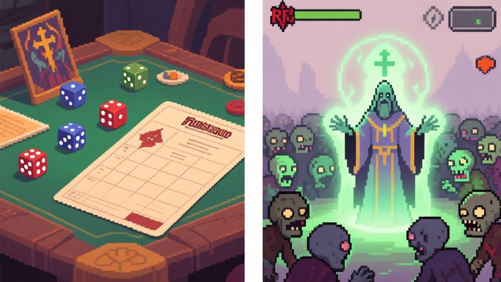 A side-by-side illustration showing a classic tabletop RPG scene with dice and a character sheet on one side, and a glowing video game cleric using Turn Undead on a horde of pixelated zombies on the other, in a soft, muted color palette high quality illustration, detailed, 16:9