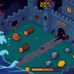 自动生成图片: A top-down view of a pixel-art castle under siege at night, showing multiple breach points, resource icons (wood, stone, gold) running low, and a large ominous wave counter showing '20'. The art style is retro game inspired with a tense atmosphere. high quality illustration, detailed, 16:9