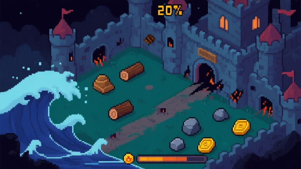A top-down view of a pixel-art castle under siege at night, showing multiple breach points, resource icons (wood, stone, gold) running low, and a large ominous wave counter showing '20'. The art style is retro game inspired with a tense atmosphere. high quality illustration, detailed, 16:9