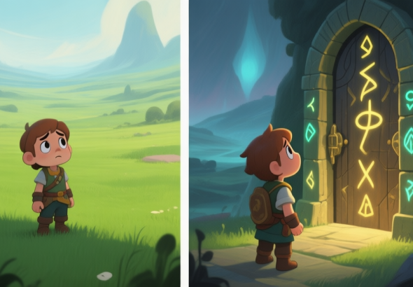 自动生成图片: Split-screen illustration contrasting two adventure game experiences. Left side: a character looking bored in a generic green field. Right side: the same character in awe, facing a mysterious, ancient door covered in glowing runes, with a vast, unknown landscape behind it. Soft, atmospheric lighting, painterly style. high quality illustration, detailed, 16:9