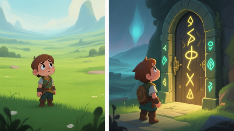 自动生成图片: Split-screen illustration contrasting two adventure game experiences. Left side: a character looking bored in a generic green field. Right side: the same character in awe, facing a mysterious, ancient door covered in glowing runes, with a vast, unknown landscape behind it. Soft, atmospheric lighting, painterly style. high quality illustration, detailed, 16:9