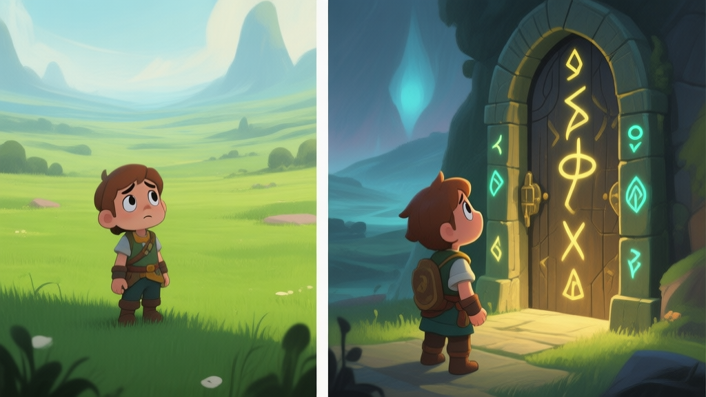 Split-screen illustration contrasting two adventure game experiences. Left side: a character looking bored in a generic green field. Right side: the same character in awe, facing a mysterious, ancient door covered in glowing runes, with a vast, unknown landscape behind it. Soft, atmospheric lighting, painterly style. high quality illustration, detailed, 16:9