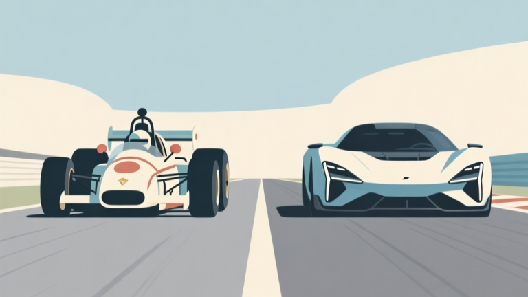自动生成图片: A side-by-side comparison illustration of a retro-styled racing car and a modern hypercar on a minimalist track, using a soft color palette of muted blues, greys, and cream, flat design style high quality illustration, detailed, 16:9