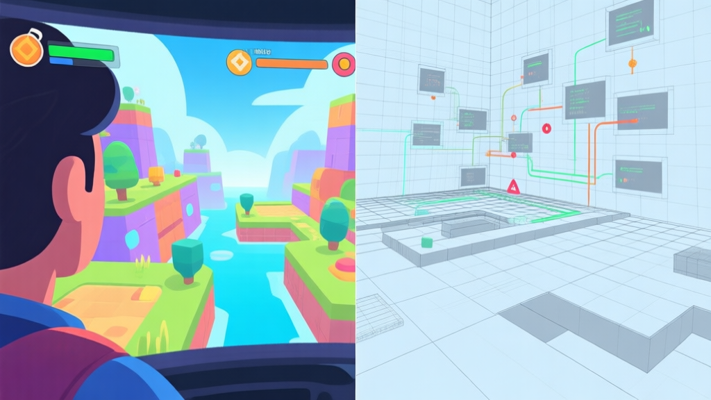 A split-screen illustration showing the player's view on one side (colorful game world) and a simplified, wireframe-like "behind the scenes" view on the other side with data flows, hitboxes, and logic gates, in a soft blue and grey color scheme high quality illustration, detailed, 16:9