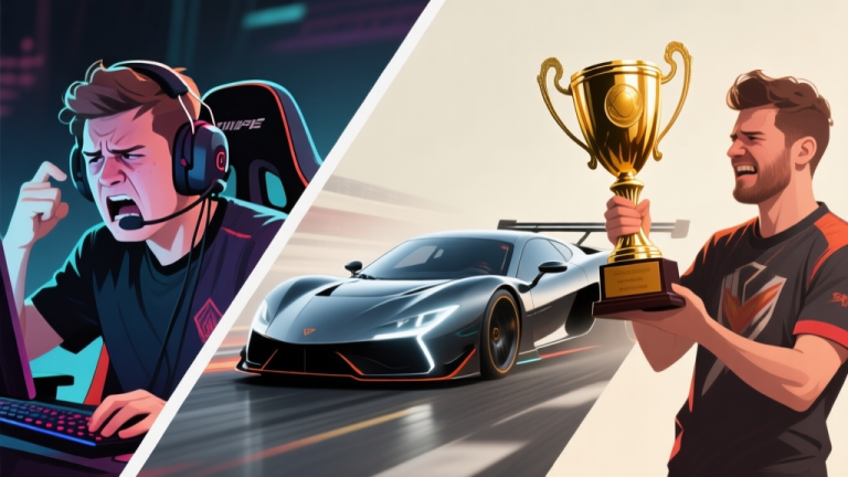 自动生成图片: Split-screen image showing a frustrated gamer on left vs a victorious gamer holding a trophy on right, with a sleek drag racing car in the middle, digital art style, muted colors with highlights on the trophy high quality illustration, detailed, 16:9