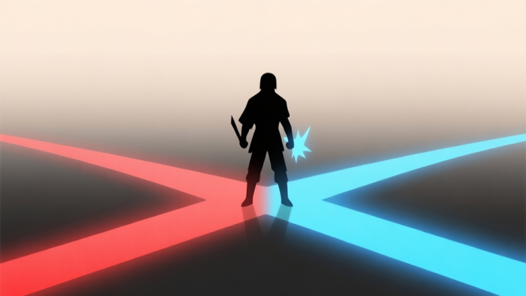 自动生成图片: A minimalist game character silhouette standing at a crossroads, with two glowing paths branching out: one red for attack, one blue for defense. Soft gradient background in neutral tones. high quality illustration, detailed, 16:9