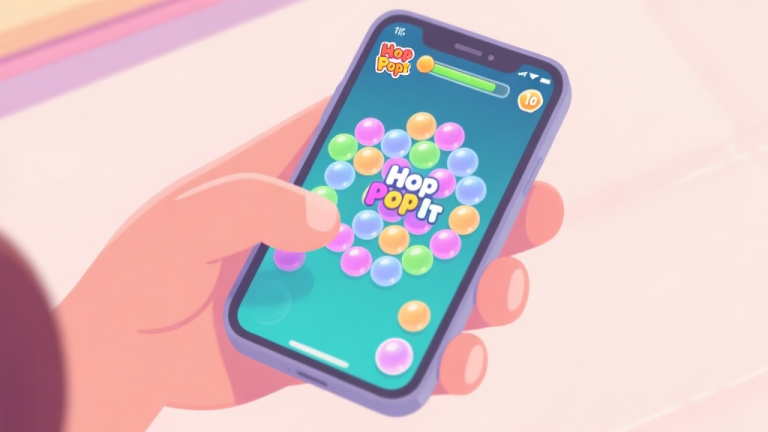 自动生成图片: A top-down view of a hand playing Hop Pop It on a mobile phone, showing a complex, high-scoring bubble pattern mid-game, with soft pastel colors and a clean, focused aesthetic high quality illustration, detailed, 16:9