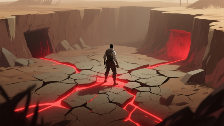 自动生成图片: A tense gameplay scene from a third-person perspective, showing a character standing on cracked earth with glowing red lines beneath, indicating an imminent underground attack, soft color palette with muted browns and ominous red glow high quality illustration, detailed, 16:9