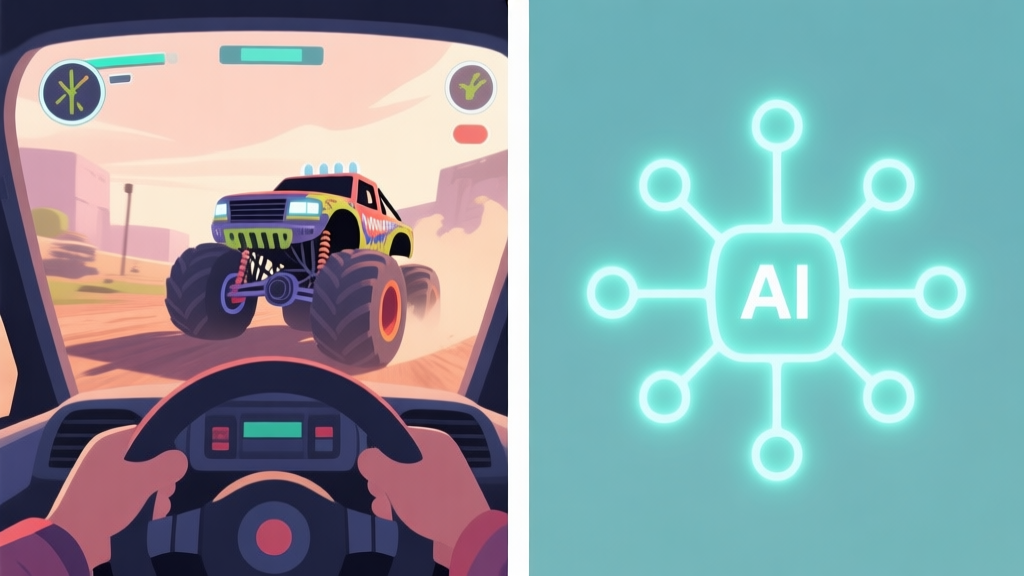 Split-screen illustration showing a player's view of a monster truck game on one side, and a simplified, glowing neural network or flowchart representing AI logic on the other side, in a soft color palette high quality illustration, detailed, 16:9