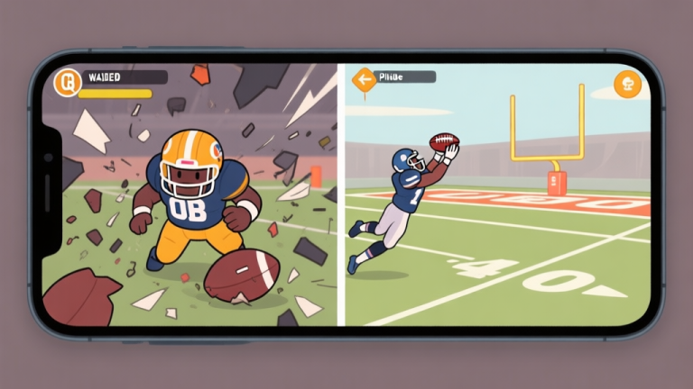 自动生成图片: A split-screen mobile game interface showing a chaotic failed play on one side (QB being sacked) and a perfectly executed play on the other (wide receiver catching a touchdown pass in the endzone), in a clean cartoon style with a muted color palette high quality illustration, detailed, 16:9