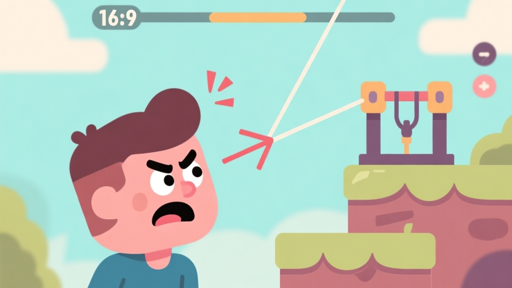 A frustrated cartoon character looking at a failed catapult shot in a mobile game, with trajectory lines showing incorrect angles, flat vector style, soft pastel colors high quality illustration, detailed, 16:9