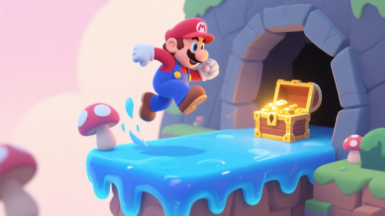 自动生成图片: A side-view of a stylized game character mid-air, bouncing off a blue, gelatinous mushroom-like platform towards a hidden cave entrance with a glowing treasure chest, cartoonish game art style, soft pastel colors high quality illustration, detailed, 16:9