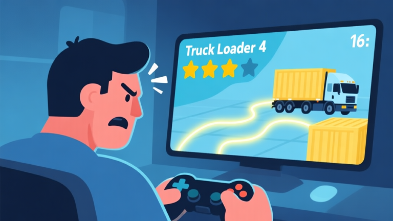 自动生成图片: A frustrated gamer looking at a Truck Loader 4 level with a two-star rating, contrasted with a calm, strategic player visualizing cargo placement with glowing optimal paths, in a flat illustration style with soft blues and yellows high quality illustration, detailed, 16:9