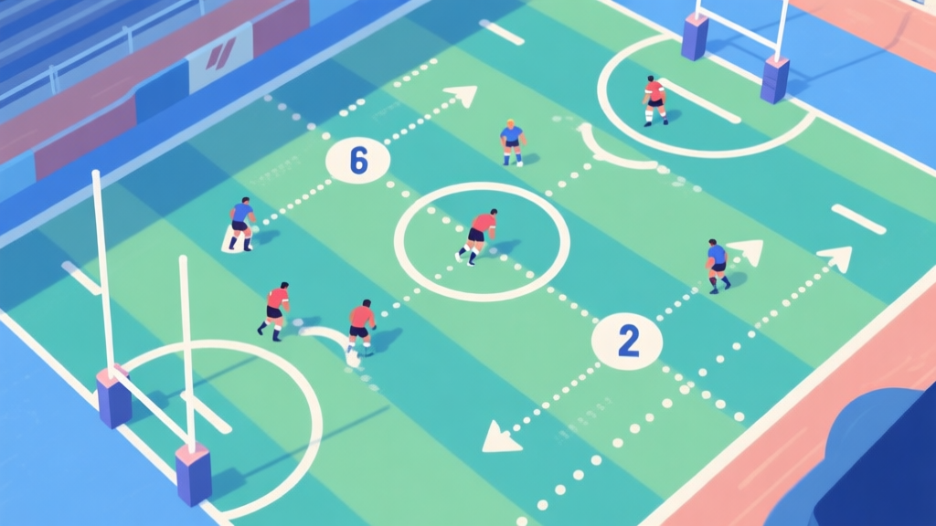 A top-down tactical view of a rugby video game field, showing player positions as numbered circles with dotted passing lanes and arrows indicating movement, in a soft blue and green color scheme high quality illustration, detailed, 16:9