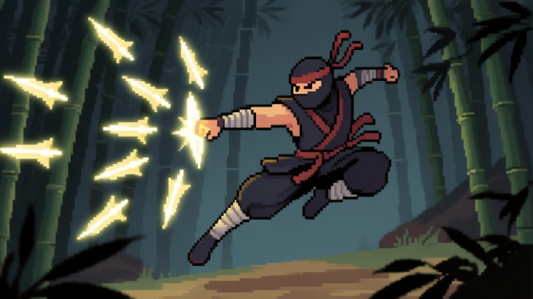 自动生成图片: A stylized ninja character in pixel art mid-air, dodging a series of glowing shurikens against a dark bamboo forest background, dynamic action scene, muted color palette high quality illustration, detailed, 16:9
