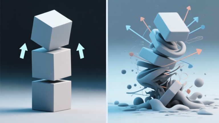 自动生成图片: Side-by-side comparison of two abstract game physics simulations. Left side shows rigid, predictable box stacking with simple arrows indicating force. Right side shows dynamic, wobbly stack with complex force vectors and a softer, more organic collapse, using a muted color palette of blues and grays high quality illustration, detailed, 16:9