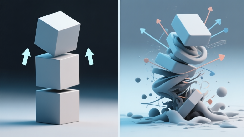 Side-by-side comparison of two abstract game physics simulations. Left side shows rigid, predictable box stacking with simple arrows indicating force. Right side shows dynamic, wobbly stack with complex force vectors and a softer, more organic collapse, using a muted color palette of blues and grays high quality illustration, detailed, 16:9