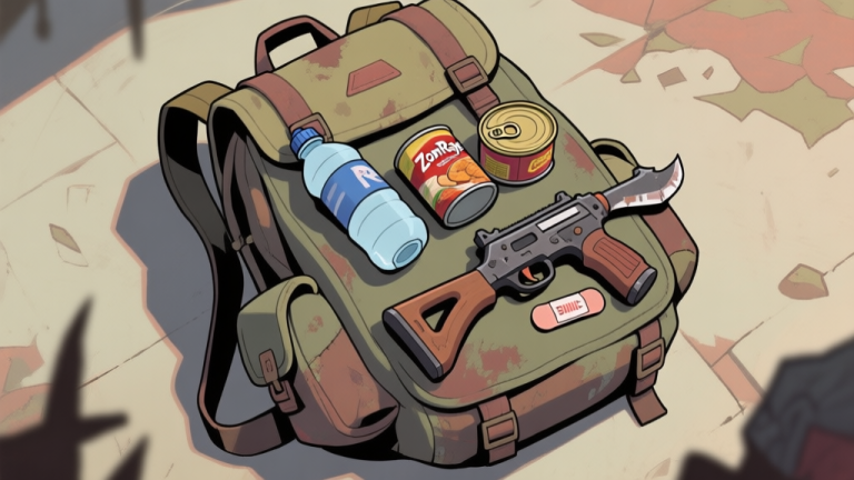 自动生成图片: A top-down view of a beginner's inventory in ZomRage, neatly organized with essential items like a water bottle, canned food, a basic melee weapon, and a bandage, on a worn-out backpack. Soft, muted post-apocalyptic color palette. high quality illustration, detailed, 16:9