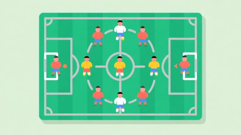 自动生成图片: A top-down minimalist illustration of a colorful soccer tactics board, with player icons arranged in different formations (like 4-4-2, 4-3-3) on a soft green background, with light grey strategy lines connecting them high quality illustration, detailed, 16:9