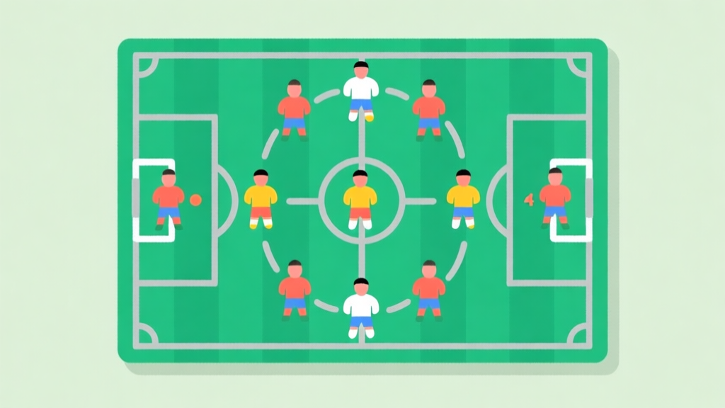 A top-down minimalist illustration of a colorful soccer tactics board, with player icons arranged in different formations (like 4-4-2, 4-3-3) on a soft green background, with light grey strategy lines connecting them high quality illustration, detailed, 16:9