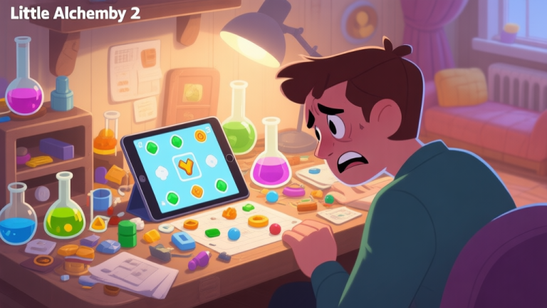 自动生成图片: A frustrated player looking at a cluttered Little Alchemy 2 workspace on a tablet, with many basic elements but missing the rare ones, in a cozy room setting, soft lighting high quality illustration, detailed, 16:9