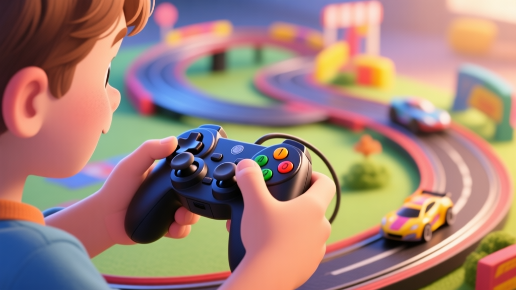A detailed, inviting photo of a beginner's hands holding a slot car controller, with a colorful track set in the background, soft lighting, focus on the excitement and detail high quality illustration, detailed, 16:9