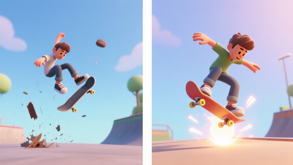A split-screen image showing a failed skateboard game Ollie on the left (character falling, board flying away) and a perfect, clean Ollie landing on the right, with a glowing success effect. The visual style is clean 3D game art with a soft color palette. high quality illustration, detailed, 16:9