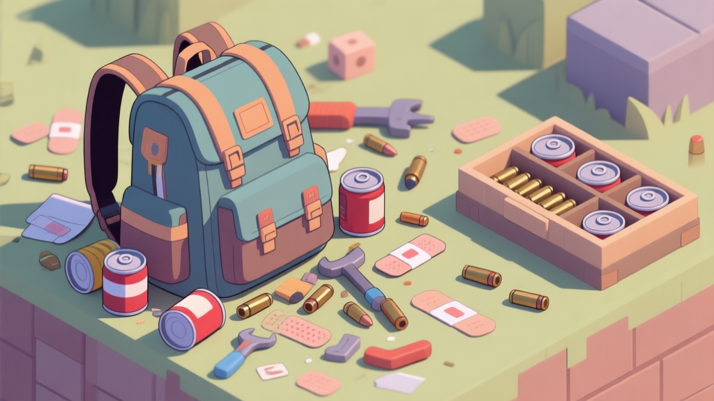 A chaotic isometric view of a messy game inventory backpack, with items like cans, bandages, bullets, and tools scattered randomly, contrasted with a neatly organized one beside it, soft muted color palette high quality illustration, detailed, 16:9