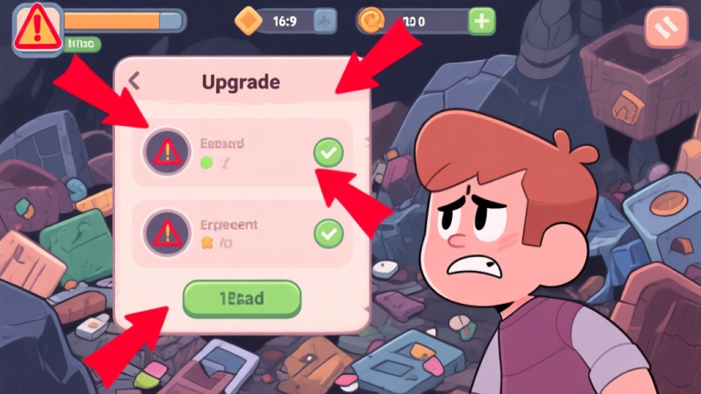 自动生成图片: A frustrated game character looking at a cluttered and inefficient upgrade screen in a mining game, with red warning arrows pointing to bad choices, soft pastel color palette high quality illustration, detailed, 16:9
