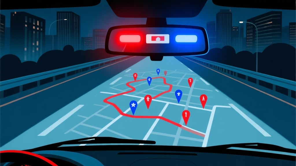 A top-down view of a stylized city highway at night, seen from a fleeing car's perspective. Red and blue police sirens glow in the rearview mirror, with a minimalist map overlay showing multiple route options. Cool tones with accents of red and blue. high quality illustration, detailed, 16:9