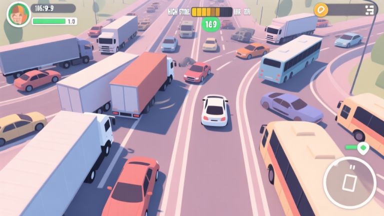自动生成图片: Top-down view of a chaotic highway in a mobile game, cars swerving between trucks and buses, with a focus on the player's car finding a safe path, soft pastel colors, minimalist UI elements showing a high score high quality illustration, detailed, 16:9