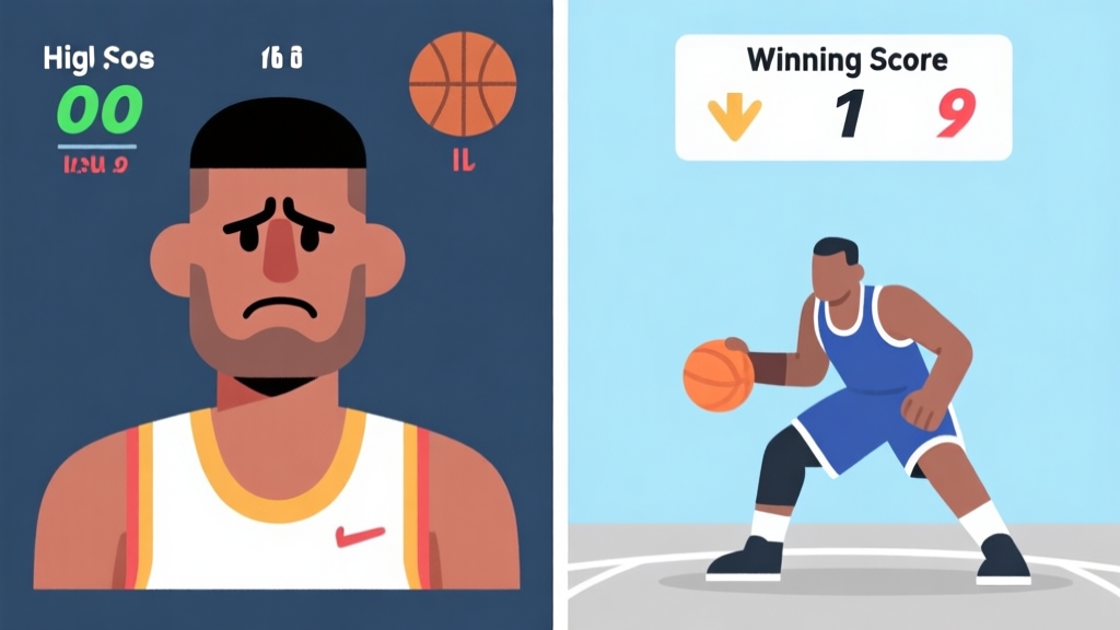 A split-screen illustration showing a frustrated basketball player avatar on the left with a high score but a losing result, and a calm, strategic player on the right with a solid defensive stance and a winning score, in a soft color palette of blues and greys high quality illustration, detailed, 16:9