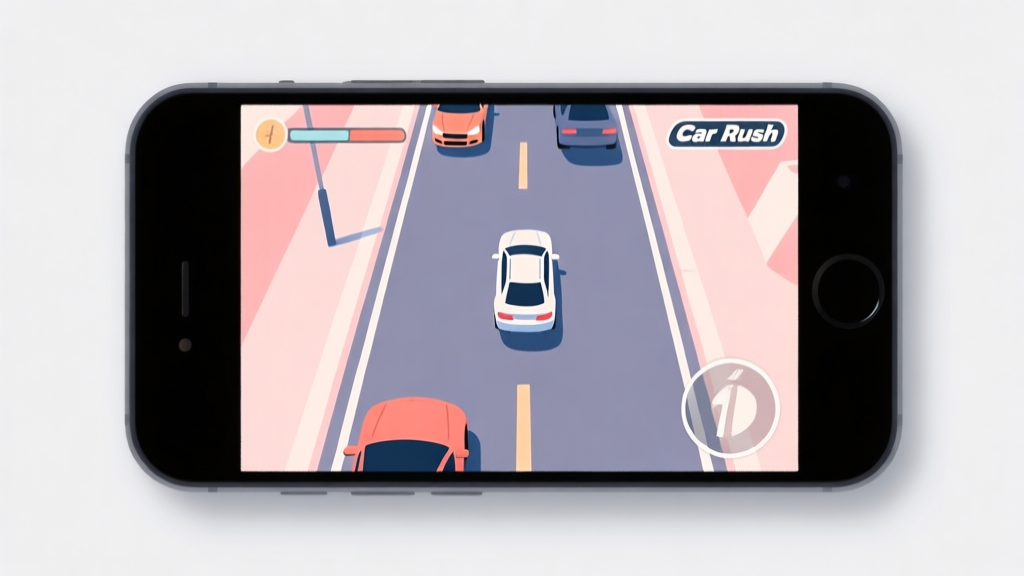A top-down minimalist view of a smartphone screen showing a Car Rush game scene, with a single car perfectly centered between two lanes, soft pastel colors for the road and vehicles, clean lines, conveying a sense of calm control amidst chaos high quality illustration, detailed, 16:9