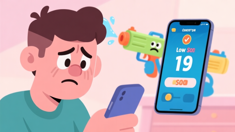 自动生成图片: A frustrated player looking at a low score screen on a mobile device, with a water gun character looking disappointed in the background, soft pastel colors, cartoon style high quality illustration, detailed, 16:9