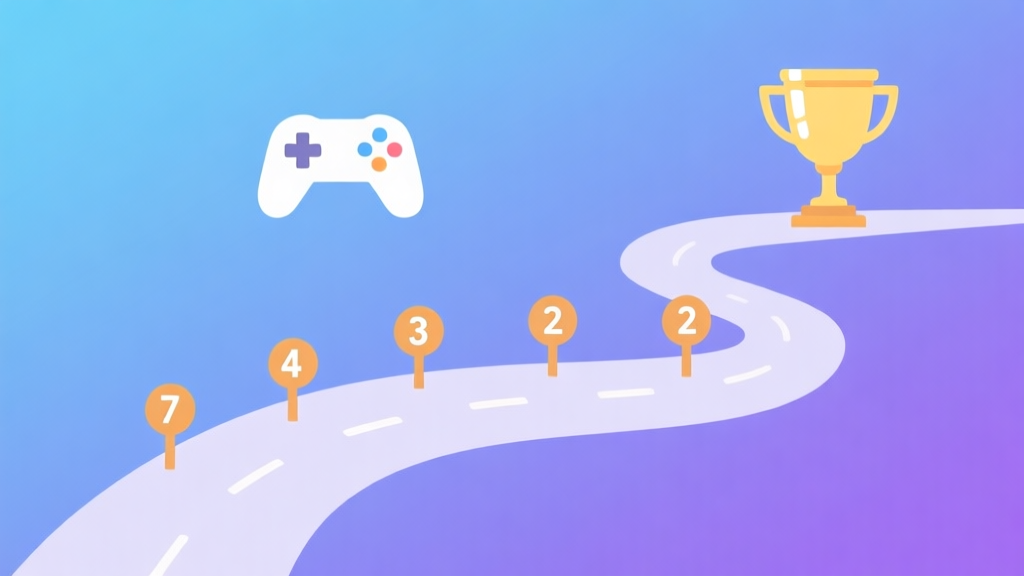 A stylized, minimalist roadmap illustration with 7 distinct milestones on a winding path, leading from a simple controller icon to a shining trophy. Soft gradient background in blues and purples, flat design style. high quality illustration, detailed, 16:9