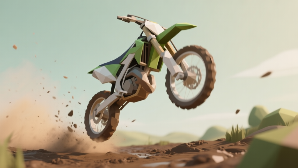 A dynamic, low-poly 3D render of a motocross bike in mid-air over a muddy terrain, with soft dust particles, viewed from a low angle. The color palette is soft earth tones and muted greens. high quality illustration, detailed, 16:9