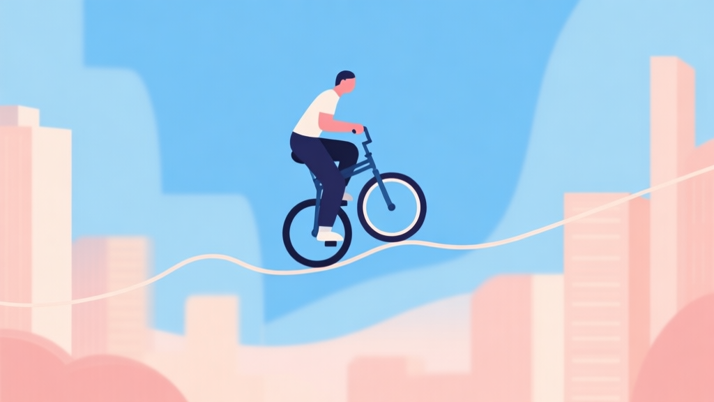 A stylized, minimalist illustration of a unicycle balancing on a thin, winding line over a pastel-colored abstract cityscape, soft shadows, calm blue and peach color palette, flat design style high quality illustration, detailed, 16:9