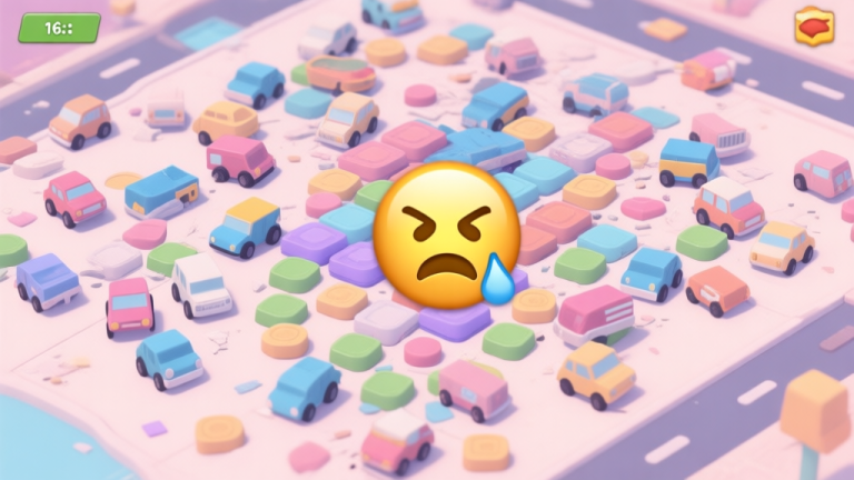 自动生成图片: A cluttered game screen of a merge-style game, showing many low-level vehicle icons scattered randomly, with a frustrated emoji overlay, in a soft pastel color palette high quality illustration, detailed, 16:9