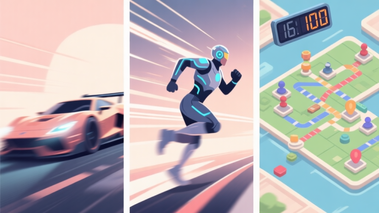 自动生成图片: Split-screen illustration showing iconic fast elements from different game genres: a blurry racing car, a futuristic character dashing, a speedrunner timer, and a fast-paced strategy game map, all in a cohesive soft color palette with dynamic motion lines high quality illustration, detailed, 16:9