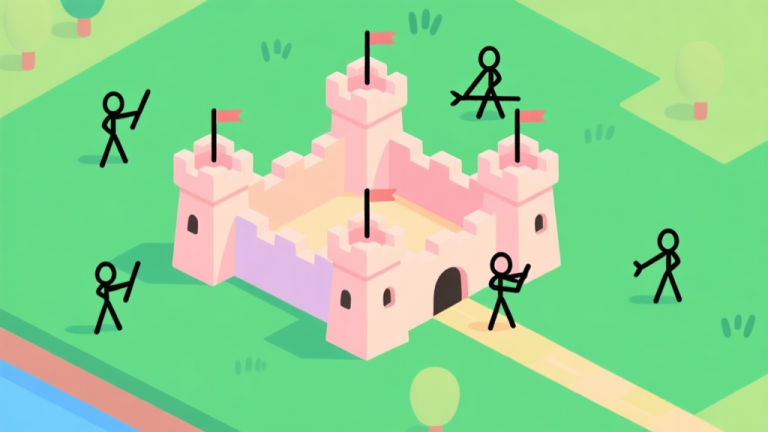 自动生成图片: A minimalist top-down view of a vibrant stick-figure fortress on a green field, with simple arrow towers and stick-figure defenders, soft pastel colors, clean lines, game strategy illustration high quality illustration, detailed, 16:9