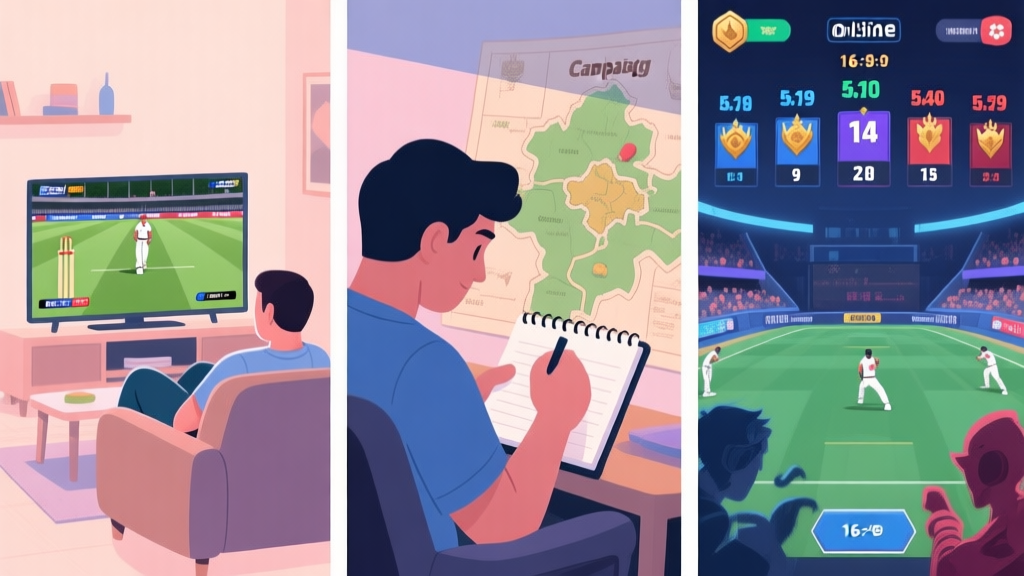 Split-screen illustration showing three distinct gaming moods: left side a relaxed player on a couch with a casual cricket match on screen, middle a focused player taking notes from a campaign map, right side an intense competitive online match with rankings, all in a cohesive soft color palette high quality illustration, detailed, 16:9
