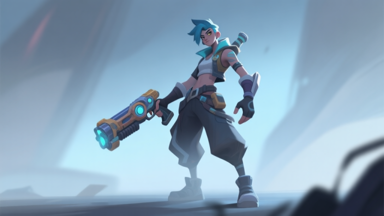 自动生成图片: A stylized, cool-looking game character in dynamic pose, holding a unique weapon, standing confidently. Soft lighting, muted color palette of blues and greys, video game concept art style high quality illustration, detailed, 16:9