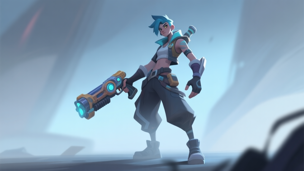 A stylized, cool-looking game character in dynamic pose, holding a unique weapon, standing confidently. Soft lighting, muted color palette of blues and greys, video game concept art style high quality illustration, detailed, 16:9