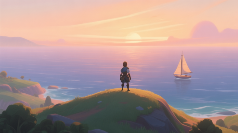 自动生成图片: A serene, painterly landscape from a video game, showing a lone character on a hill overlooking a vast ocean at sunset, with a small sailboat in the distance, soft warm colors, peaceful atmosphere high quality illustration, detailed, 16:9
