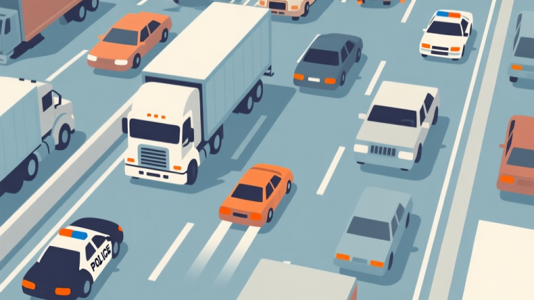 自动生成图片: A dynamic, top-down view of a chaotic highway scene from a game like Freeway Fury, with multiple lanes of traffic, a player's car skillfully dodging between trucks and police cars, soft color palette with muted blues, grays, and hints of orange from brake lights, minimalist vector art style high quality illustration, detailed, 16:9