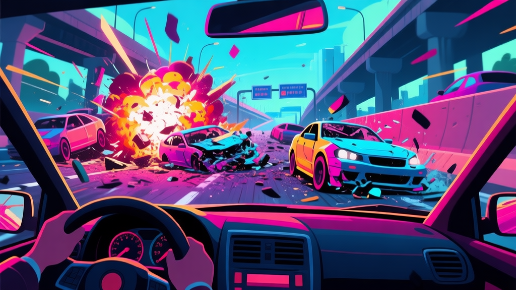 A dynamic, stylized video game screenshot of a chaotic highway race from a driver's perspective, with cars crashing and explosions in vibrant neon colors, capturing the 'fury' moment high quality illustration, detailed, 16:9