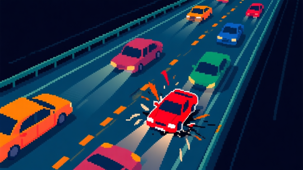 A dynamic top-down view of a pixel-art highway with multiple lanes, cars weaving at high speed, and a bright red player car narrowly dodging a collision, vibrant colors on a dark background high quality illustration, detailed, 16:9